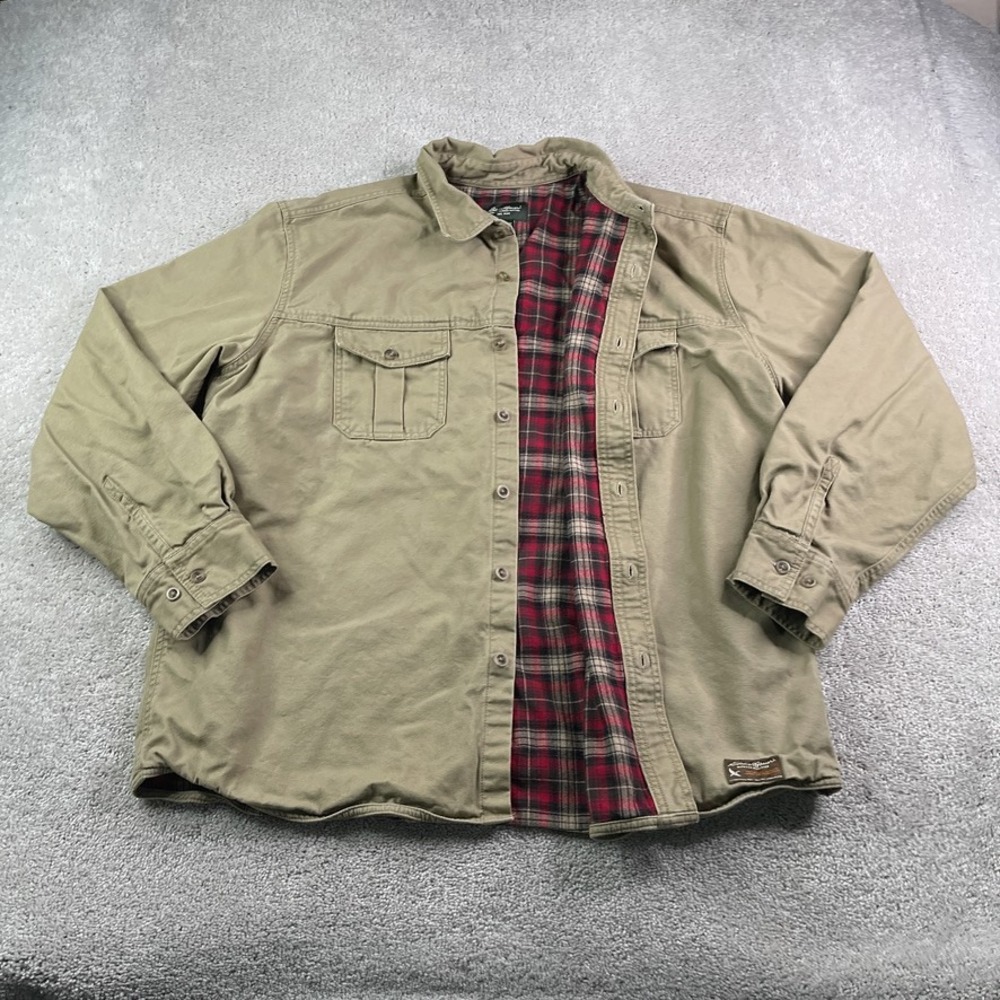 Eddie Bauer Shirt Mens XL Tan Flannel Lined Canvas Workwear Rugged Barn Shacket